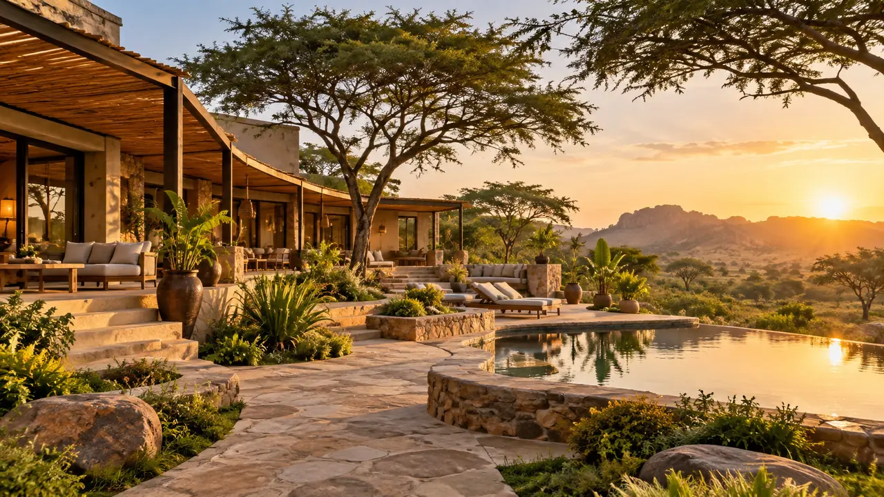 A welcoming lodge courtyard in the Ghanaian savannah