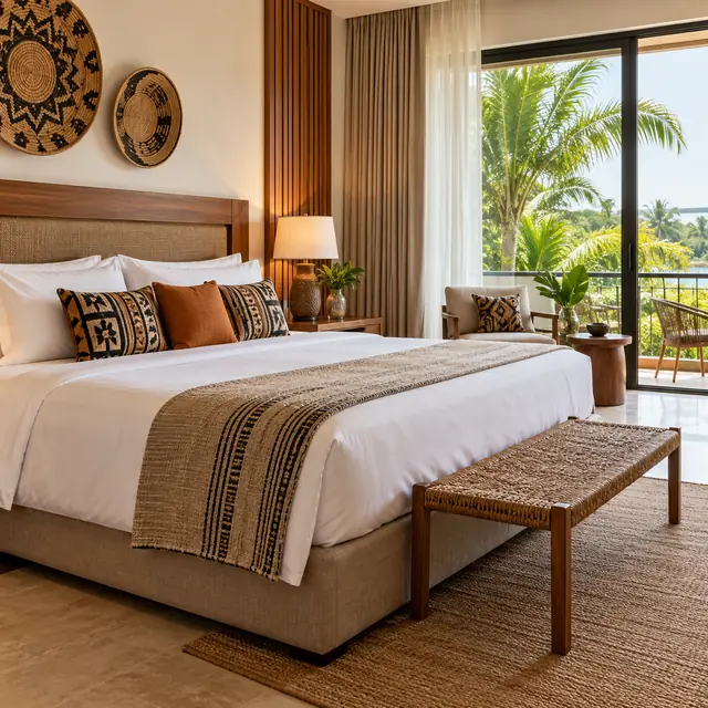 A bright hotel guest room with woven local accents